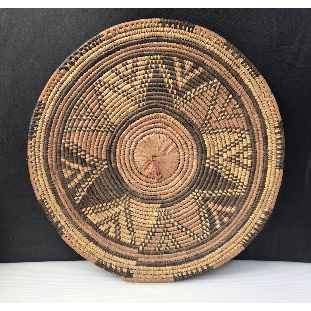 African Hand Woven Coiled Flat Basket Tray Geometric Vintage 12.5"